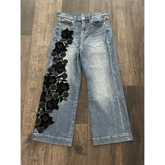 7 For All Mankind Denim - 7 For All Mankind Jeans Womens 28 Medium Wash Cropped Alexa Embroidered Flowers